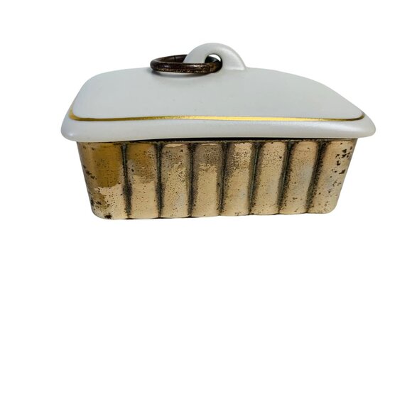 MCM Atomic Style Trinket Box Ridged Brass Base Ceramic Lid O Ring Handle Decor - Picture 5 of 13